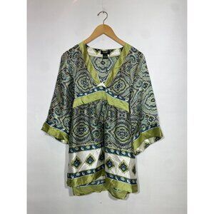 YASB Vtg Y2K Green Floral 100% Silk Kimono Style Top Size Large Half Sleeves